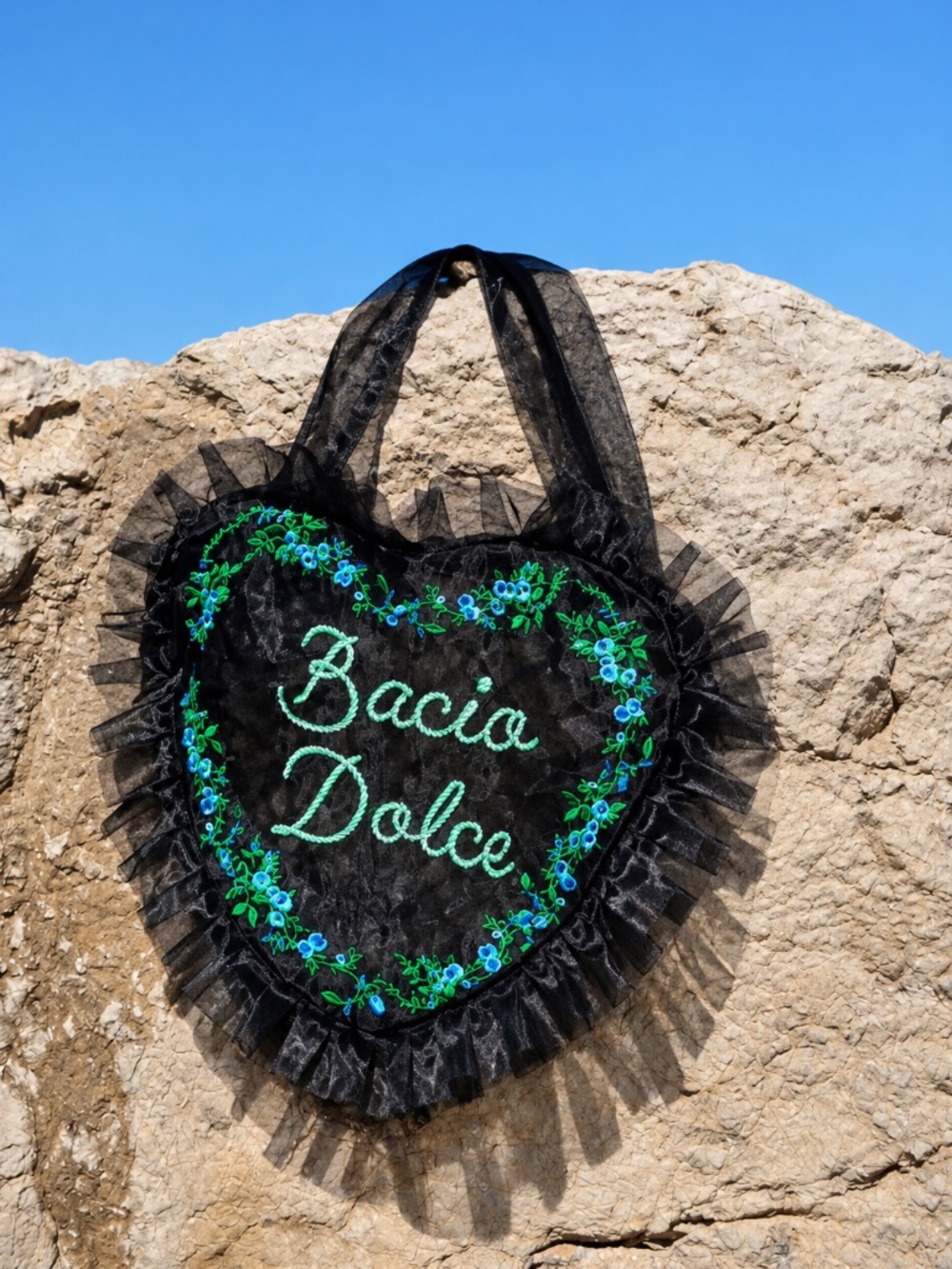 Serpenti Black Bacia Dolce Heart Shaped Floral Embroidered Ruffle Purse